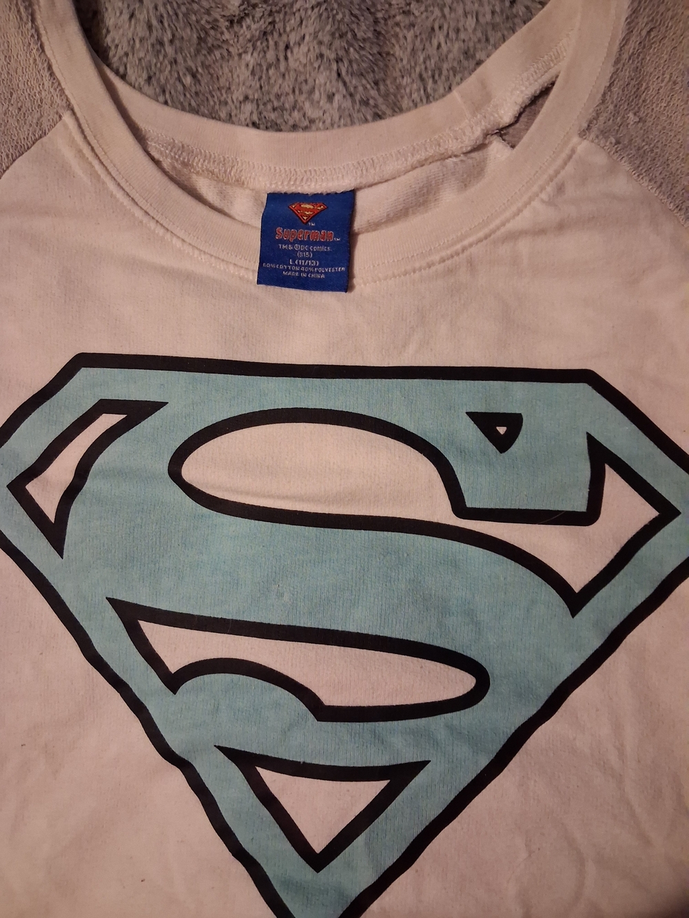 DC Comics White Long Sleeve Sweatshirt with Light Blue and Black Superman Shield